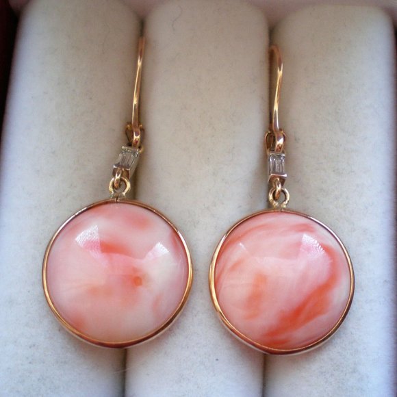 Vintage Soviet USSR 14K 583 Rose Pink Gold Diamond 17MM Coral Dangle EARRINGS - Picture 6 of 7